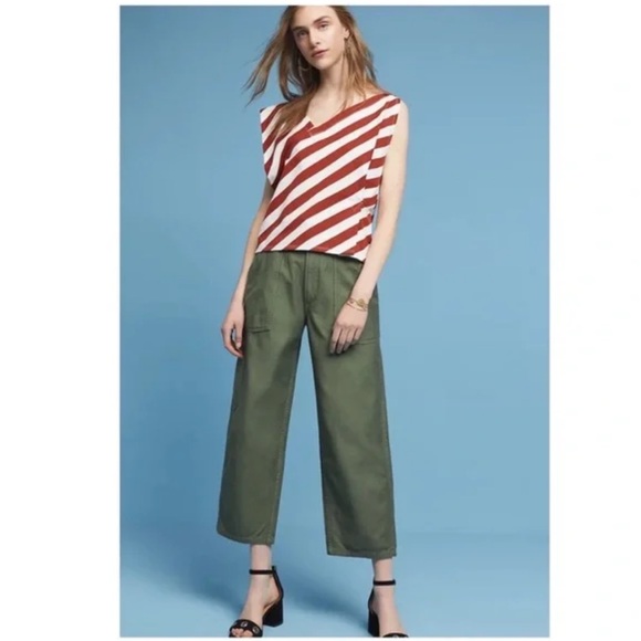 Anthropologie Postmark Dulcina Striped Asymmetrical Beownand White Top Sz M - Picture 1 of 11